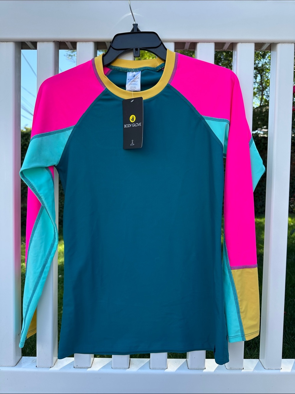 Body Glove Teal Long sleeve Rash Guard with Hot Pink, Aqua & Gold Accents UPF 50